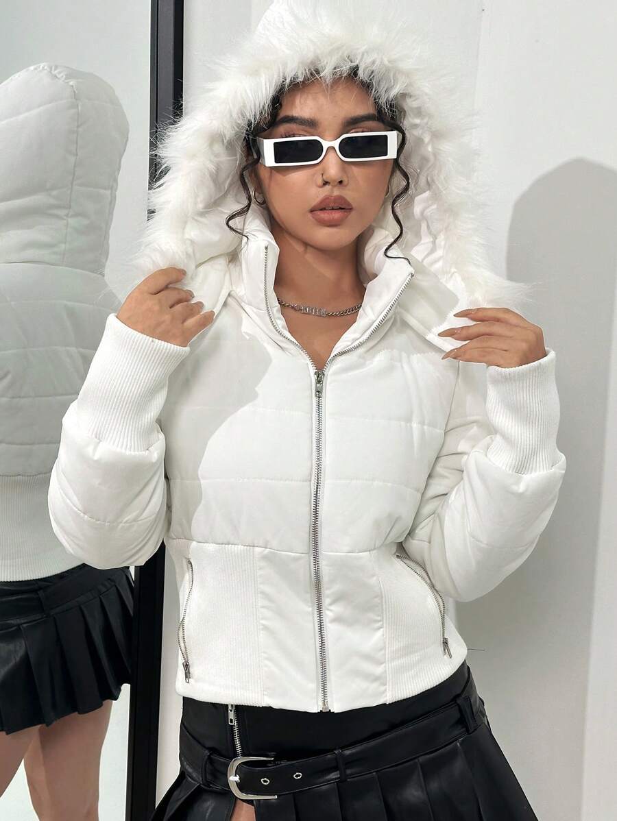 SHEIN Unity 毛绒装饰连帽加厚棉服外套冬季 - 白色 - 查看 1