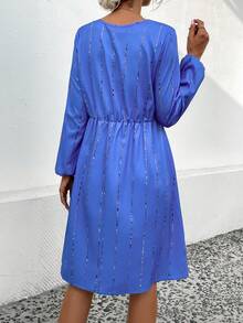 SHEIN LUNE Striped Print Lantern Sleeve A-line Dress - Royal Blue - View 3