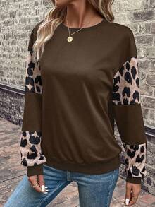 SHEIN LUNE Của phụ nữ In hoa Báo Thả vai Áo nỉ - Cà phê nâu - Xem 5