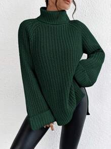 EURMUSE Turtleneck Raglan Sleeve Split Hem Sweater - Green - View 4