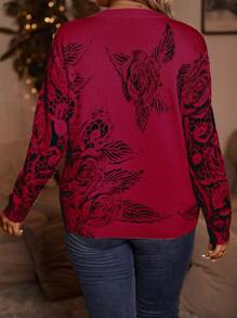 SHEIN LUNE Plus Floral Pattern Sweater - Red - View 2
