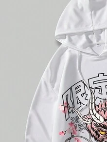 ROMWE MEN Anime 男士信件龍印花連帽衫和運動褲兩件套裝 - 白色 - 查看 5