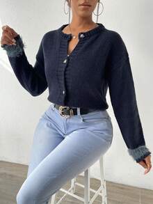 SHEIN Slayr 毛茸茸袖口落肩袖開襟衫 - 藏蓝色 - 查看 6