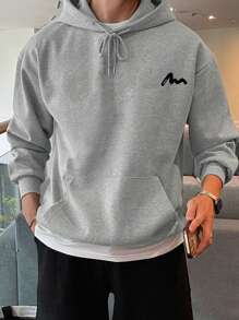 Men Letter Graphic Kangaroo Pocket Drawstring Hoodie - Grey - View 3
