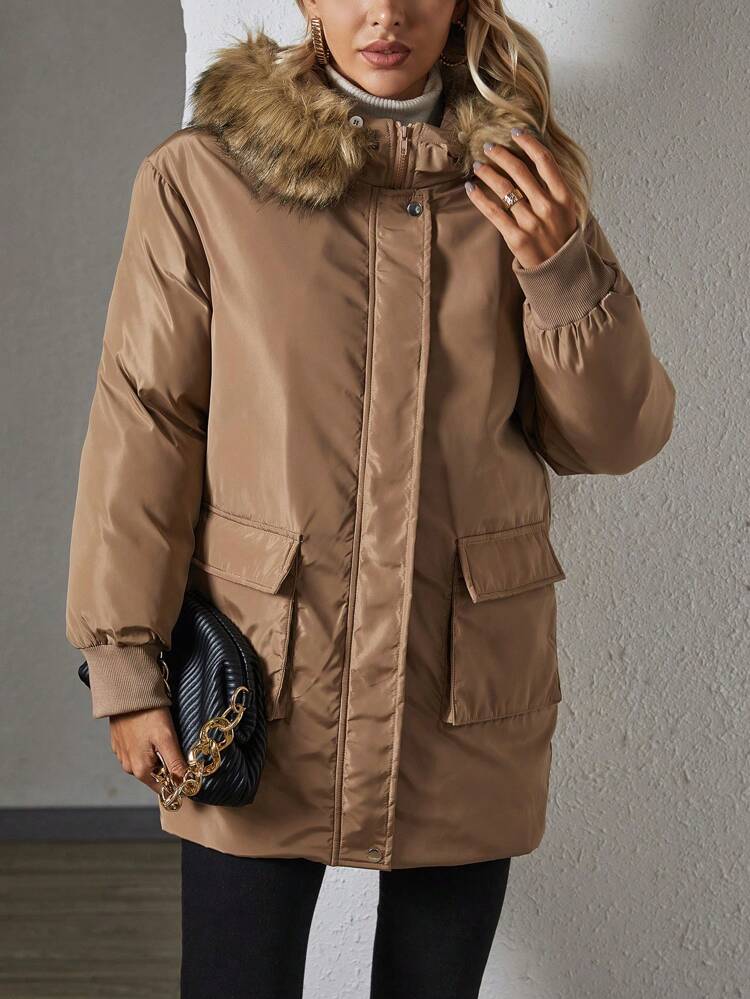 Flap Pocket Fuzzy Trim Hooded Padded Padded Coat Clothes Winter Fall Cloth For Women