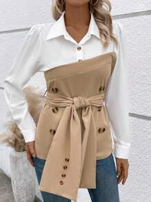 SHEIN LUNE Two Tone Double Breasted Belted Shirt - Multicolor - View 5