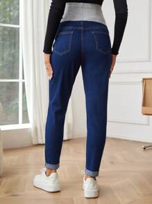 SHEIN 孕婦托腹高腰牛仔褲 - 深色水洗藍 - 查看 2