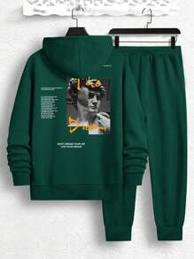 Manfinity EMRG Men's Sculpture Slogan Print Drawstring Hoodie And Sweatpants Two Piece Set - Dark Green - View 1