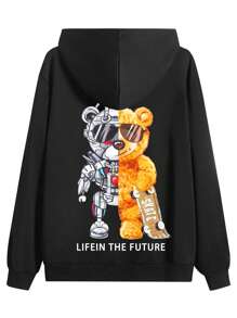 秋冬季新款男士外套,流行的個性機械小熊圖案印花,休閒口袋,連帽,戶外運動服潮牌男裝衣服 - 黑色 - 查看 2