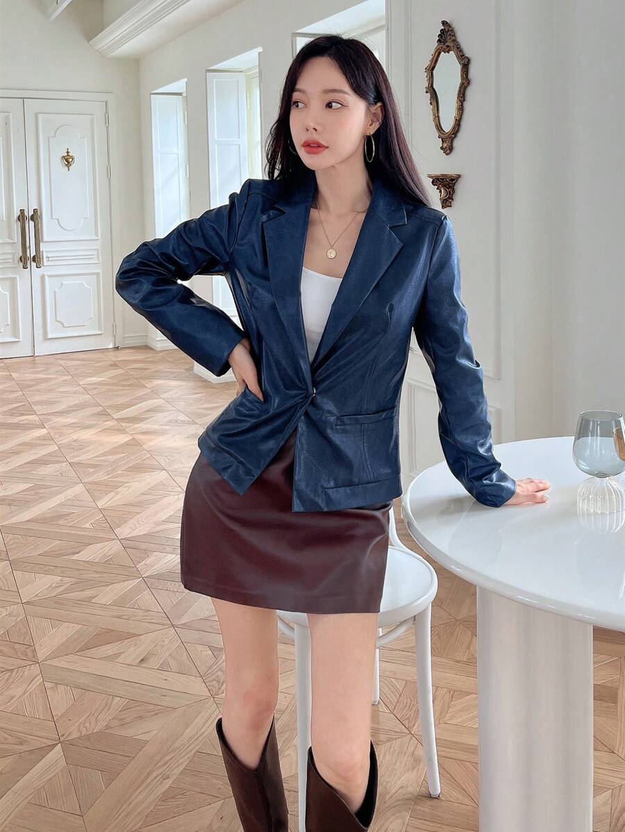 SHEINNeu Của phụ nữ Cổ bẻ Nút đơn Áo vest Áo khoác - màu đen - Xem 1
