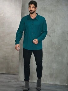 Manfinity Homme Men Plus Solid Button Up Shirt, Plain Urban Long Sleeve Collar Regular Shirt - Green - View 5