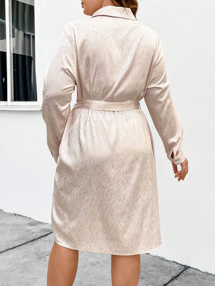 Plus Size Floral Jacquard Button Front Belted Shirt Dress