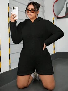 SHEIN EZwear 加大碼女士3d耳朵設計毛絨連體褲 - 黑色 - 查看 6