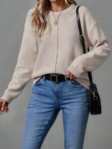 SHEIN LUNE 圓領超大毛衣帶落肩袖 - 杏色 - 查看 6