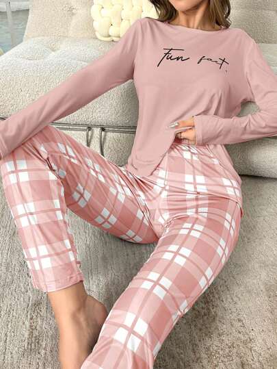 Conjunto de pijama con top de manga larga con estampado de letras y pantalones a cuadros, ropa de otoño e invierno cómoda y elegante
