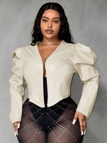 Slaydiva 大尺碼女款短泡泡袖夾克 - 白色 - 查看 1