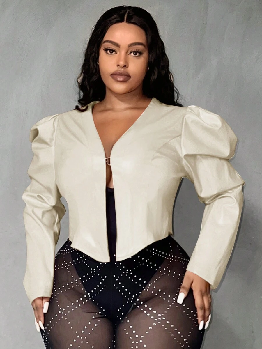 Slaydiva 大尺碼女款短泡泡袖夾克 - 白色 - 查看 1