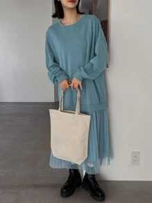 FRIFUL 女式網布拼接下擺落肩連身裙 - 藍色 - 查看 1