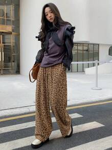 FRIFUL Women's Leopard Print Wide Leg Pants - Khaki - View 6