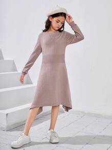 SHEIN Tween Girl Solid A-line Knit Dress - Pink - View 4