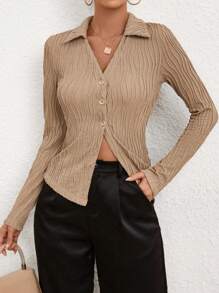 SHEIN Privé 女士純色鈕扣前t恤 - 卡其色 - 查看 6