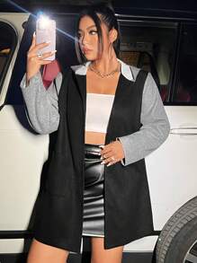 SHEIN Unity Taglie Forti Soprabito color block con singolo bottone con cappuccio - nero - Visualizzare 5