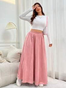 SHEIN EZwear 大尺寸粉紅麂皮高階可愛半身裙 - 藕粉色 - 查看 2