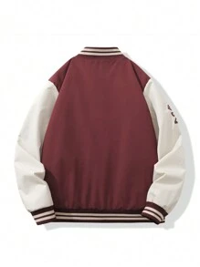 Manfinity Hypemode Chaqueta De Béisbol Holgada Con Bordados De Letras Y Detalle De Rayas Para Hombres - Burdeos - Ver 2