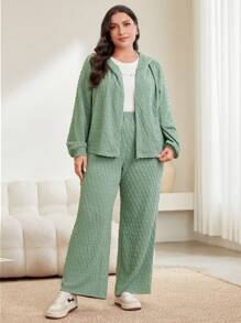Mulvari Women's Plus Size Solid Color Zip Front Hooded Jacket And Wide Leg Pants Two-Piece Set 2 Piece Set