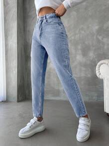 SHEIN Cottnline High Waist Mom Fit Jeans - Baby Blue - View 5