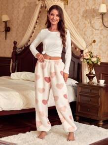 心形图案法兰绒睡衣裤 - 杏色 - 查看 6