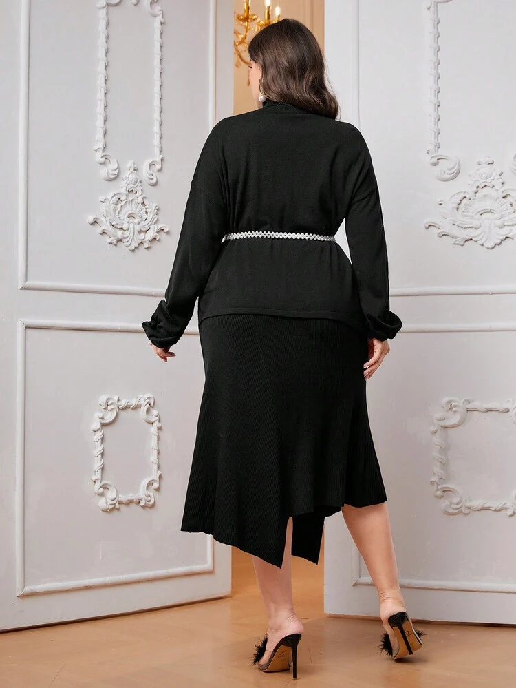 Plus Size Solid Color Sweater Suit Without Belt 2 Piece Set