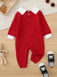Đứa bé trai Họa tiết gấu Cổ áo tương phản Áo len Jumpsuit - Đỏ - Xem 2