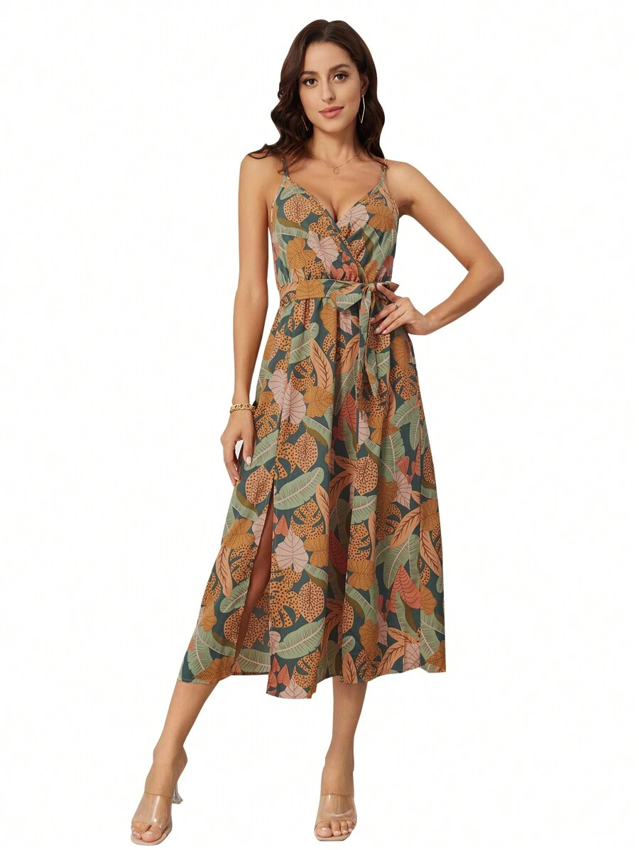 SHEIN Holidaya 熱帶圖案高衩腰帶吊帶連衣裙 - 彩色 - 查看 1