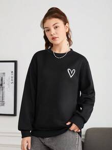 Teen Girl Heart Print Drop Shoulder Sweatshirt - Black - View 4