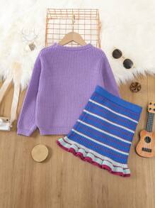 SHEIN Little Girls' Heart Pattern Sweater And Skirt Set - Multicolor - View 2