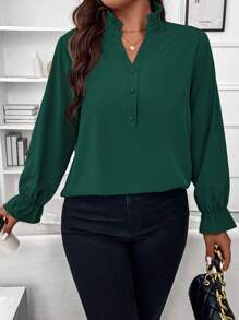 SHEIN CURVE+ 加荷葉邊袖前扣襯衫 - 墨綠色 - 查看 2