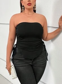 SHEIN Privé Plus Size Pleated Ladies' Top With Side Drawstring - Black - View 1