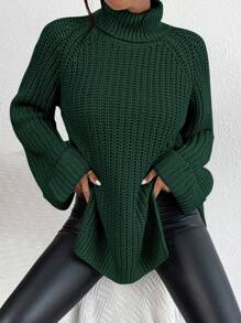 EURMUSE Turtleneck Raglan Sleeve Split Hem Sweater - Green - View 3