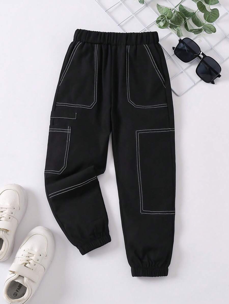 SHEIN 男童大口袋设计裤子 - 黑色 - 查看 1