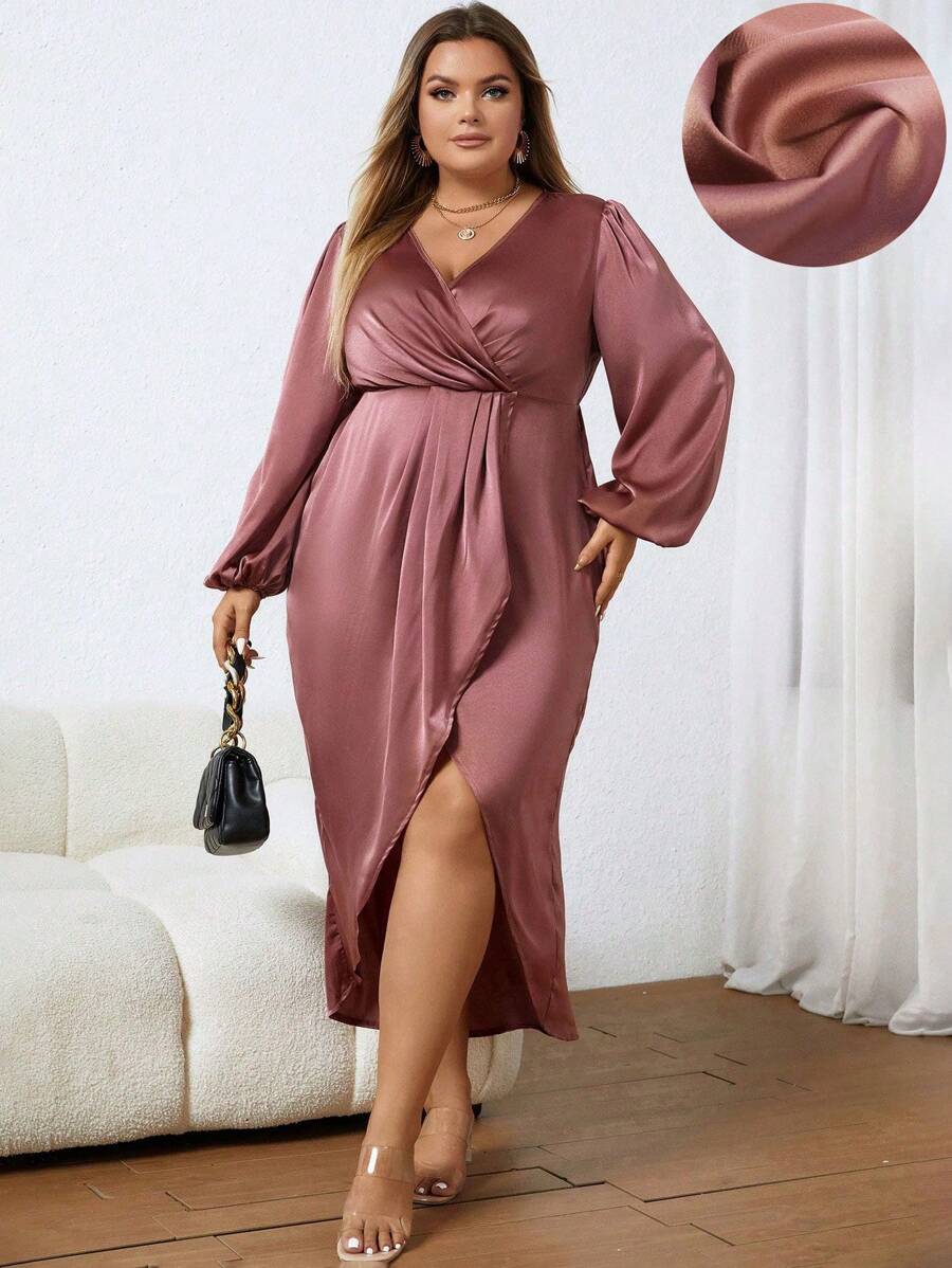 SHEIN Clasi Plus Lantern Sleeve Wrap Hem Dress - Brown - View 1