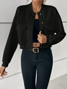 SHEIN Essnce Áo khoác có túi cài nút phía trước, Áo khoác thường ngày xuân/thu cho nữ, Áo khoác nhẹ có túi cài nút phía trước, Áo khoác trơn màu đen đơn giản cho nữ, Trang phục thường ngày - màu đen - Xem 2