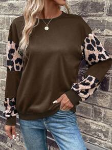 SHEIN LUNE Của phụ nữ In hoa Báo Thả vai Áo nỉ - Cà phê nâu - Xem 4