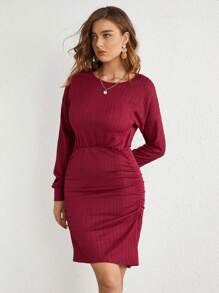 SHEIN LUNE Chất rắn Thả vai Xù Váy bodycon - Đỏ - Xem 4