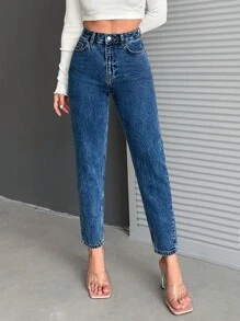 EURMUSE 純色媽媽牛仔褲 - 深色水洗藍 - 查看 6