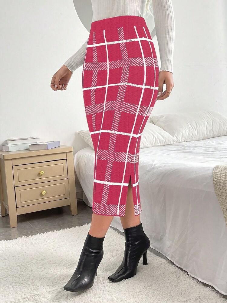 Woven Check & Stripe Knit Skirt