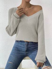 SHEIN Essnce 女士縫肩袖套頭毛衣 - 灰色 - 查看 4