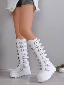 秋冬女式时尚厚底坡跟过膝长靴，带保暖内衬、拉链、金属扣、防水、圆头、舒适、黑色、大码、Y2K风格、圣诞节穿搭