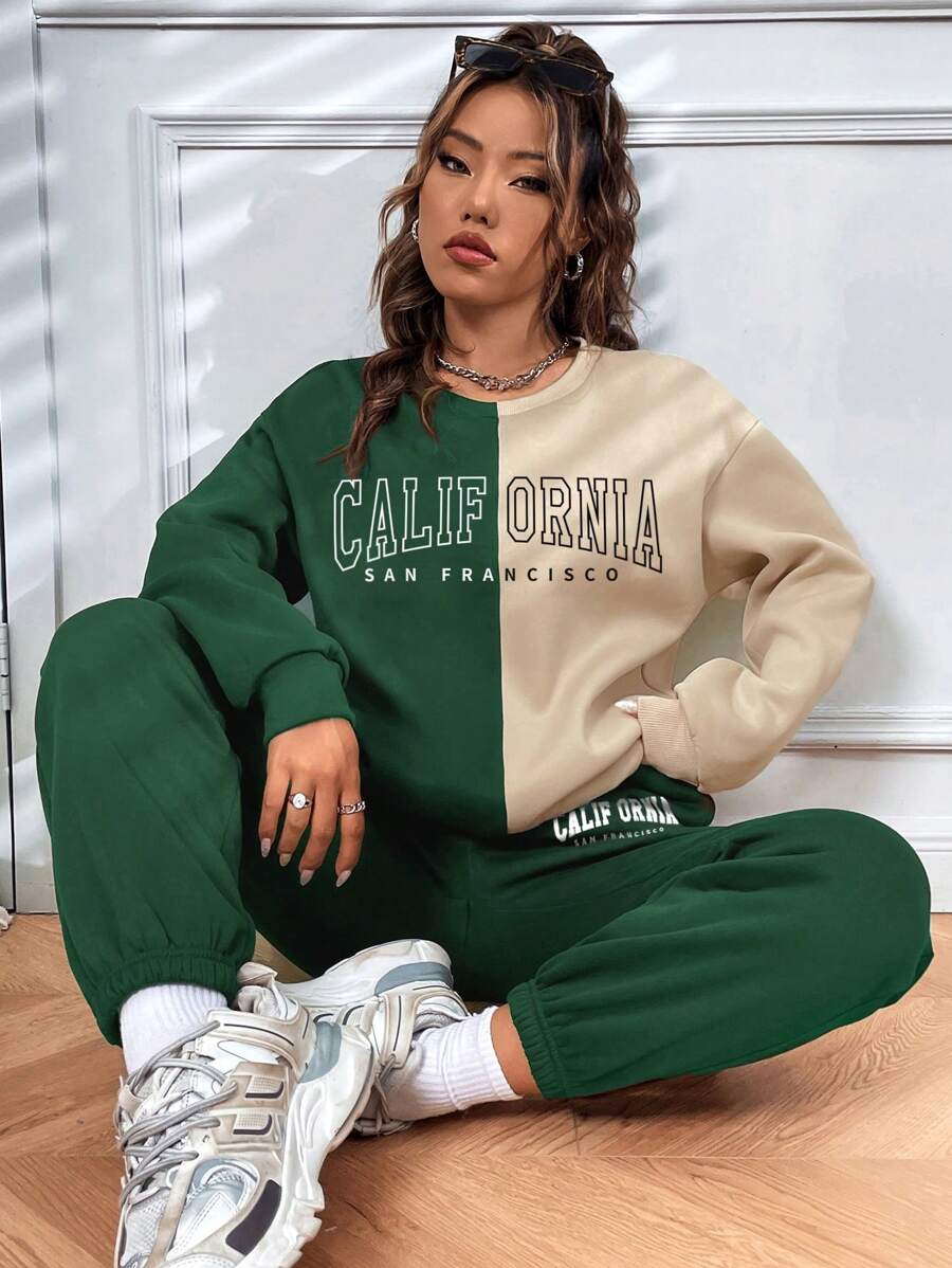 SHEIN Unity 2pcs/set Colorblocked Letter Print Sweatshirt And Sweatpants Suit - Multicolor - View 1