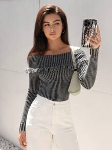 SHEIN EZwear Off Shoulder Xén Thô Áo len - Xám - Xem 3